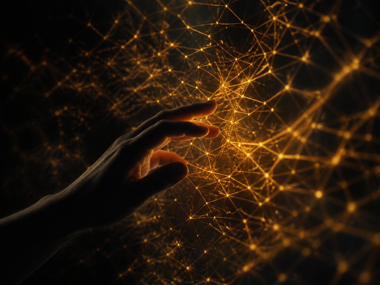 A human hand reaching into a glowing lattice of connected light